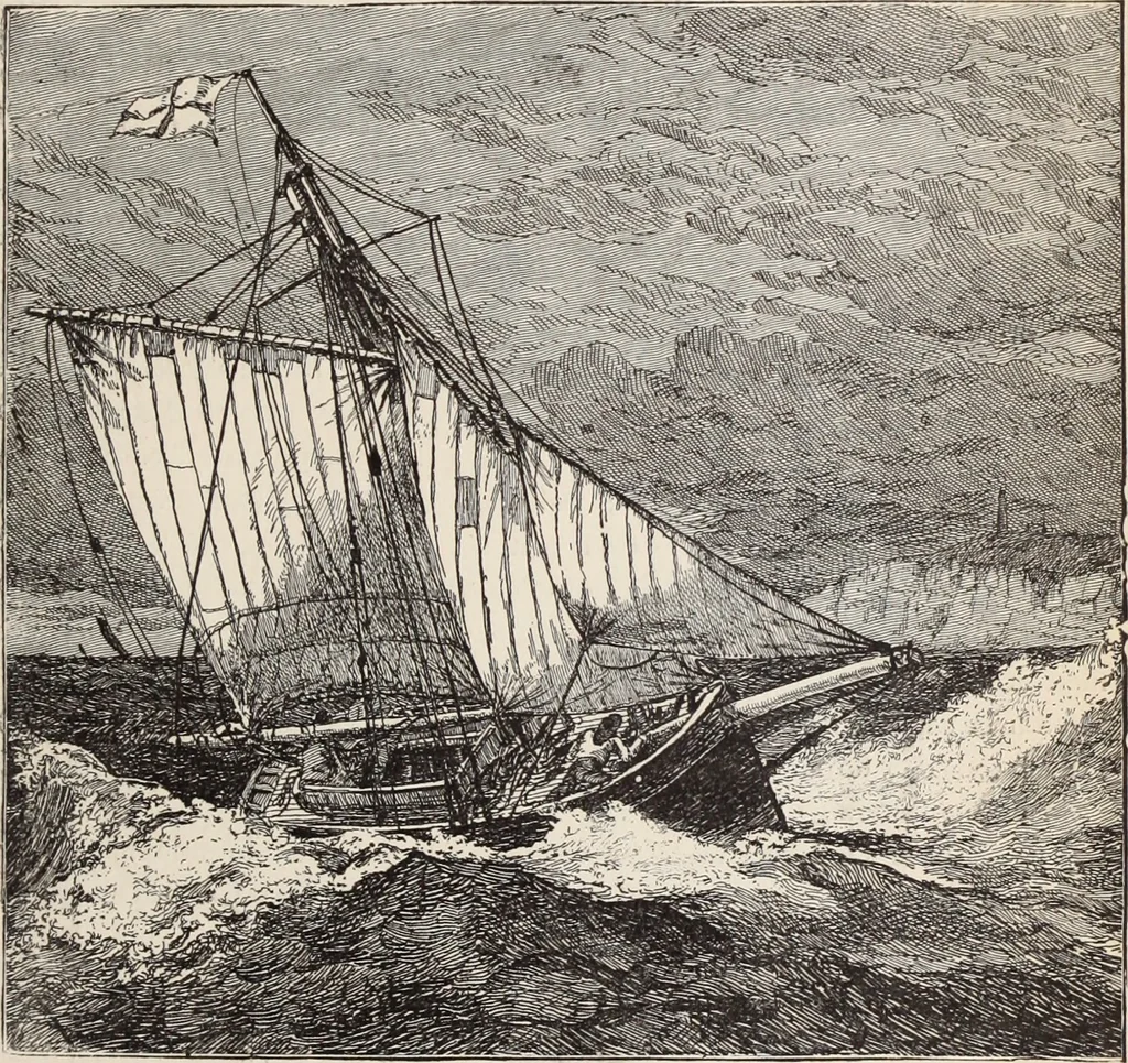 An illustration from Aboard the Mavis : it is told in this book how five boys and five girls cruise in the schooner "Mavis" about the east end of Long Island, and how, in, 1880, leaf 98