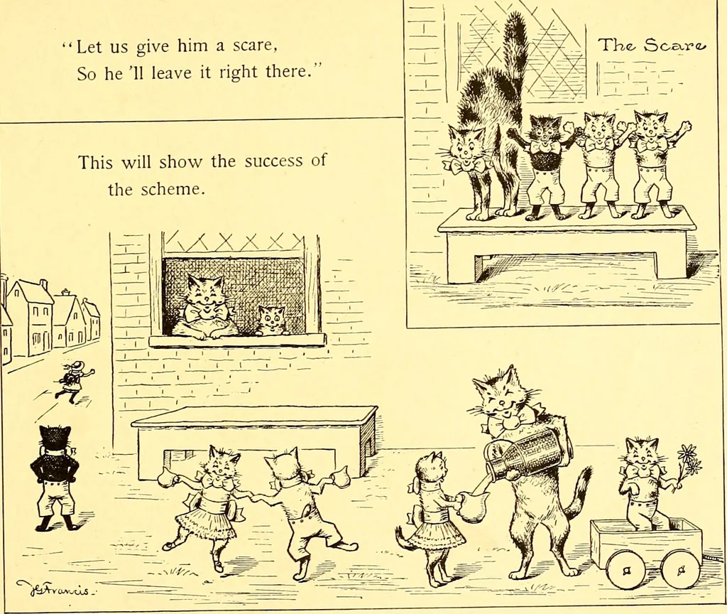 An illustration from [A book of cheerful cats and other animated animals, 1892, leaf 8