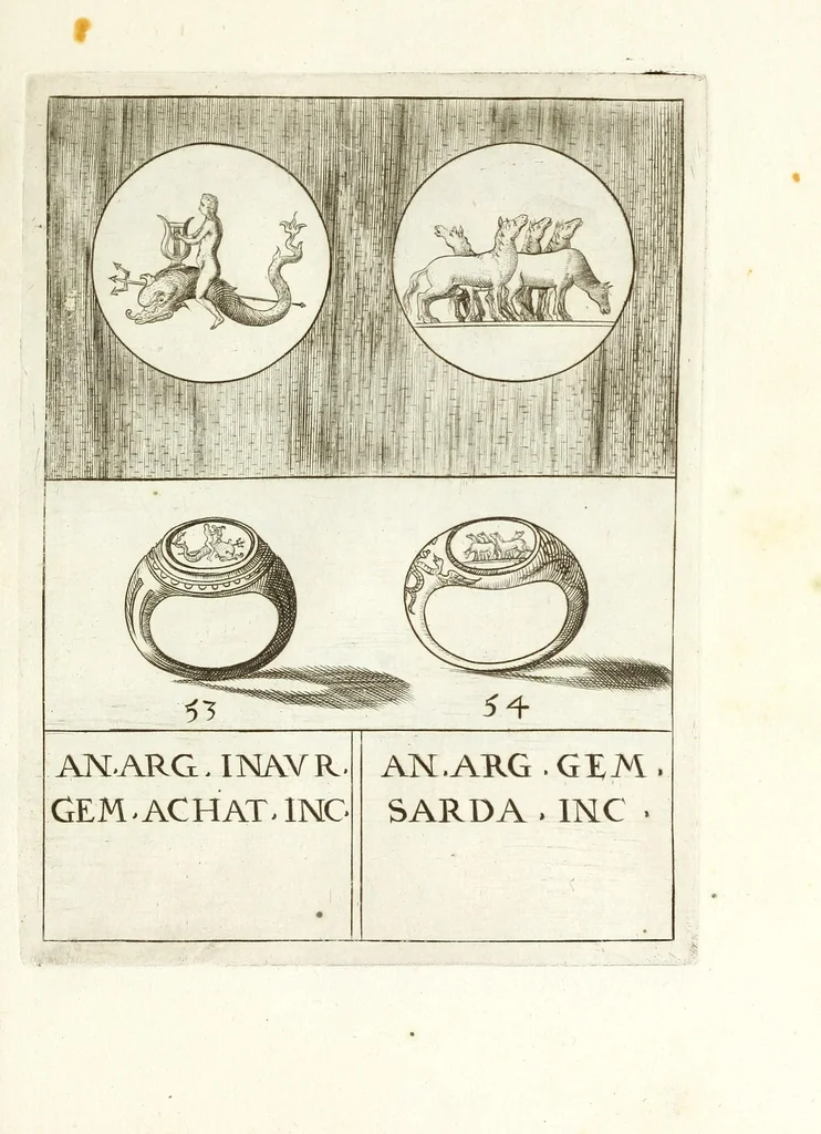 An illustration from Abrahami Gorlaei Antverpiani Dactyliotheca, seu, Annulorum sigillarium quorum apud priscos tam Graecos quam Romanos usus e ferro, aere, argento & auro promptvarivm : accesserunt variarum gemmarvm quibus antiquitas in sigillando uti solita scalptvrae, 1601, leaf 101