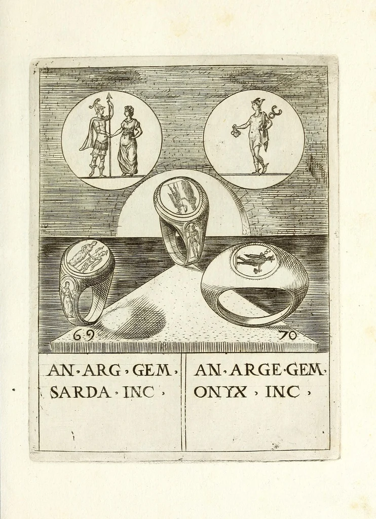 An illustration from Abrahami Gorlaei Antverpiani Dactyliotheca, seu, Annulorum sigillarium quorum apud priscos tam Graecos quam Romanos usus e ferro, aere, argento & auro promptvarivm : accesserunt variarum gemmarvm quibus antiquitas in sigillando uti solita scalptvrae, 1601, leaf 117