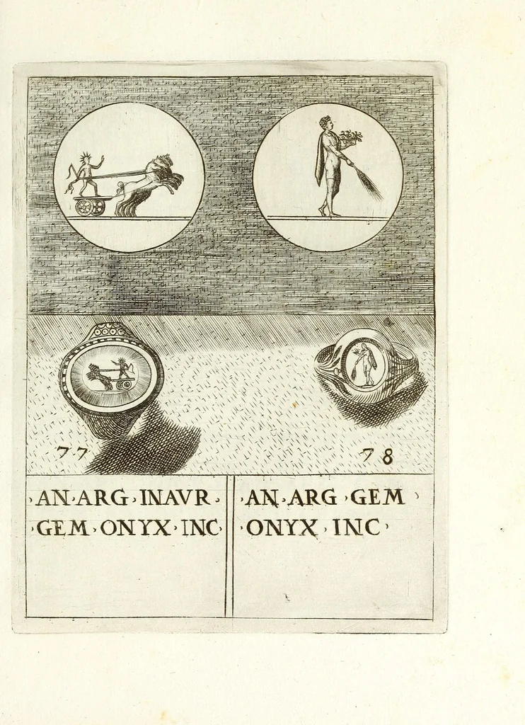 An illustration from Abrahami Gorlaei Antverpiani Dactyliotheca, seu, Annulorum sigillarium quorum apud priscos tam Graecos quam Romanos usus e ferro, aere, argento & auro promptvarivm : accesserunt variarum gemmarvm quibus antiquitas in sigillando uti solita scalptvrae, 1601, leaf 125
