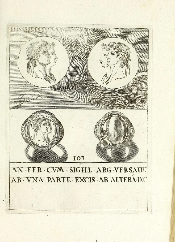 An illustration from Abrahami Gorlaei Antverpiani Dactyliotheca, seu, Annulorum sigillarium quorum apud priscos tam Graecos quam Romanos usus e ferro, aere, argento & auro promptvarivm : accesserunt variarum gemmarvm quibus antiquitas in sigillando uti solita scalptvrae, 1601, leaf 151