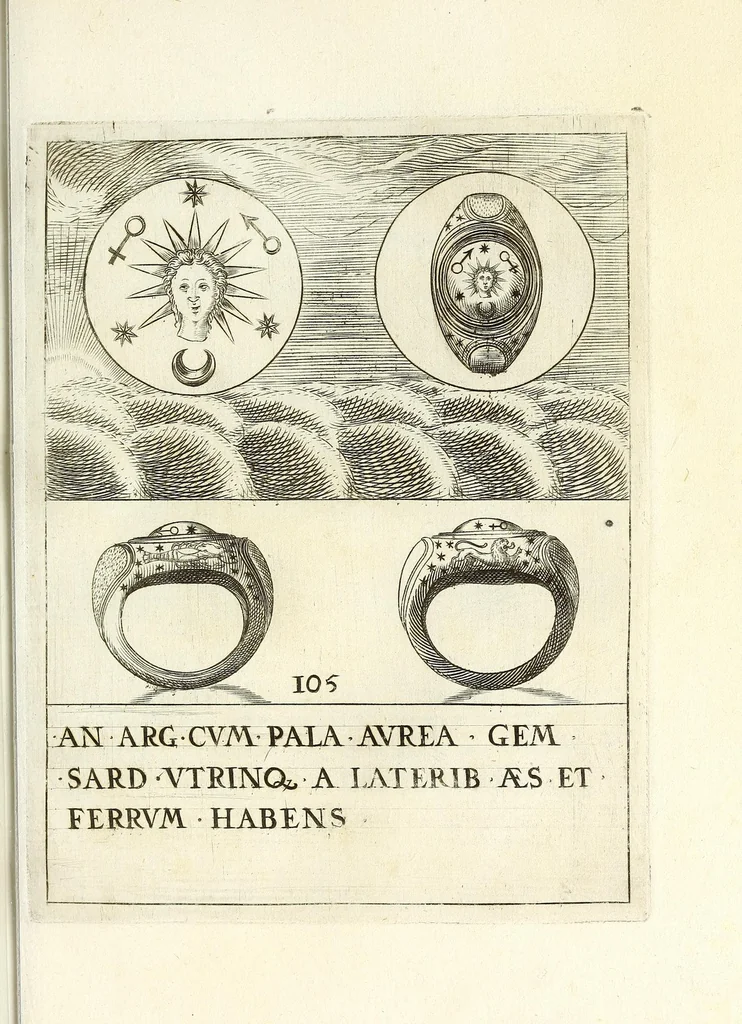 An illustration from Abrahami Gorlaei Antverpiani Dactyliotheca, seu, Annulorum sigillarium quorum apud priscos tam Graecos quam Romanos usus e ferro, aere, argento & auro promptvarivm : accesserunt variarum gemmarvm quibus antiquitas in sigillando uti solita scalptvrae, 1601, leaf 155
