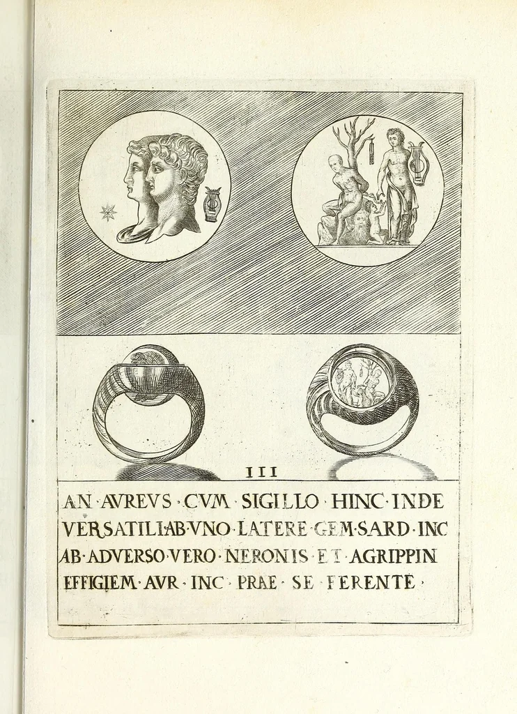 An illustration from Abrahami Gorlaei Antverpiani Dactyliotheca, seu, Annulorum sigillarium quorum apud priscos tam Graecos quam Romanos usus e ferro, aere, argento & auro promptvarivm : accesserunt variarum gemmarvm quibus antiquitas in sigillando uti solita scalptvrae, 1601, leaf 165