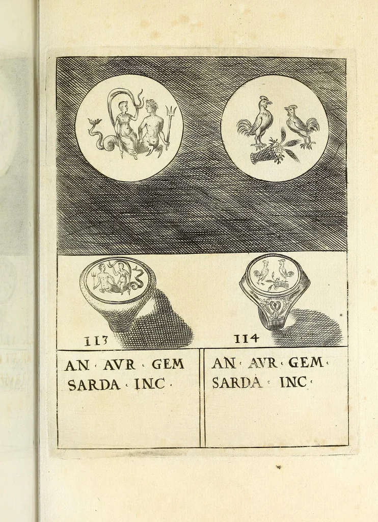 An illustration from Abrahami Gorlaei Antverpiani Dactyliotheca, seu, Annulorum sigillarium quorum apud priscos tam Graecos quam Romanos usus e ferro, aere, argento & auro promptvarivm : accesserunt variarum gemmarvm quibus antiquitas in sigillando uti solita scalptvrae, 1601, leaf 169
