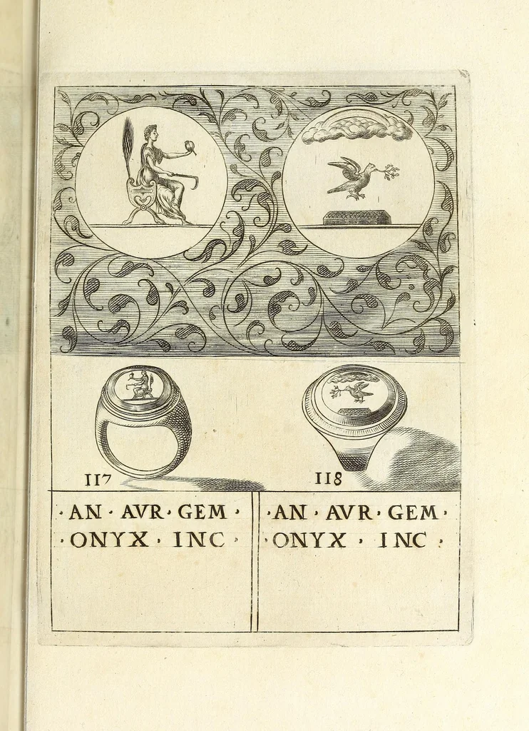An illustration from Abrahami Gorlaei Antverpiani Dactyliotheca, seu, Annulorum sigillarium quorum apud priscos tam Graecos quam Romanos usus e ferro, aere, argento & auro promptvarivm : accesserunt variarum gemmarvm quibus antiquitas in sigillando uti solita scalptvrae, 1601, leaf 173