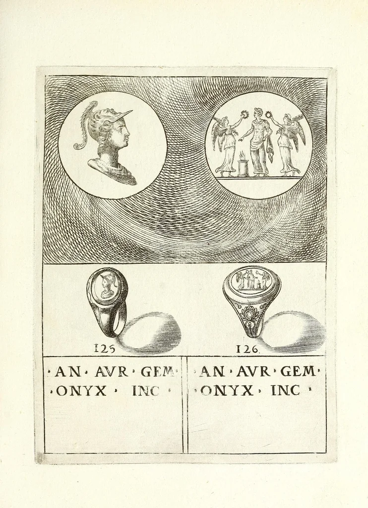 An illustration from Abrahami Gorlaei Antverpiani Dactyliotheca, seu, Annulorum sigillarium quorum apud priscos tam Graecos quam Romanos usus e ferro, aere, argento & auro promptvarivm : accesserunt variarum gemmarvm quibus antiquitas in sigillando uti solita scalptvrae, 1601, leaf 181