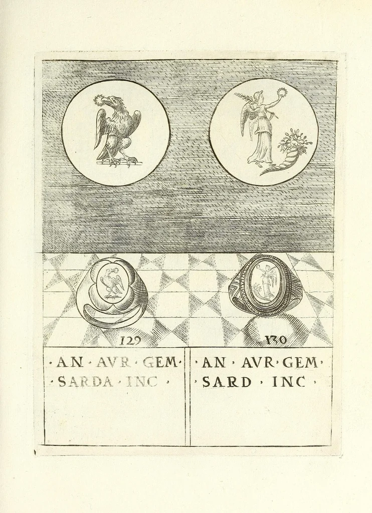 An illustration from Abrahami Gorlaei Antverpiani Dactyliotheca, seu, Annulorum sigillarium quorum apud priscos tam Graecos quam Romanos usus e ferro, aere, argento & auro promptvarivm : accesserunt variarum gemmarvm quibus antiquitas in sigillando uti solita scalptvrae, 1601, leaf 185