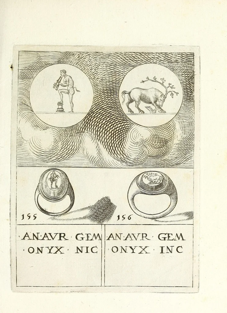 An illustration from Abrahami Gorlaei Antverpiani Dactyliotheca, seu, Annulorum sigillarium quorum apud priscos tam Graecos quam Romanos usus e ferro, aere, argento & auro promptvarivm : accesserunt variarum gemmarvm quibus antiquitas in sigillando uti solita scalptvrae, 1601, leaf 211
