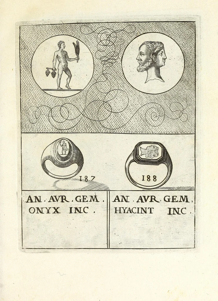 An illustration from Abrahami Gorlaei Antverpiani Dactyliotheca, seu, Annulorum sigillarium quorum apud priscos tam Graecos quam Romanos usus e ferro, aere, argento & auro promptvarivm : accesserunt variarum gemmarvm quibus antiquitas in sigillando uti solita scalptvrae, 1601, leaf 243