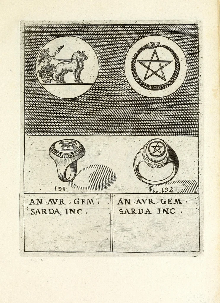 An illustration from Abrahami Gorlaei Antverpiani Dactyliotheca, seu, Annulorum sigillarium quorum apud priscos tam Graecos quam Romanos usus e ferro, aere, argento & auro promptvarivm : accesserunt variarum gemmarvm quibus antiquitas in sigillando uti solita scalptvrae, 1601, leaf 247
