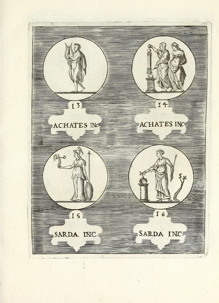 An illustration from Abrahami Gorlaei Antverpiani Dactyliotheca, seu, Annulorum sigillarium quorum apud priscos tam Graecos quam Romanos usus e ferro, aere, argento & auro promptvarivm : accesserunt variarum gemmarvm quibus antiquitas in sigillando uti solita scalptvrae, 1601, leaf 259