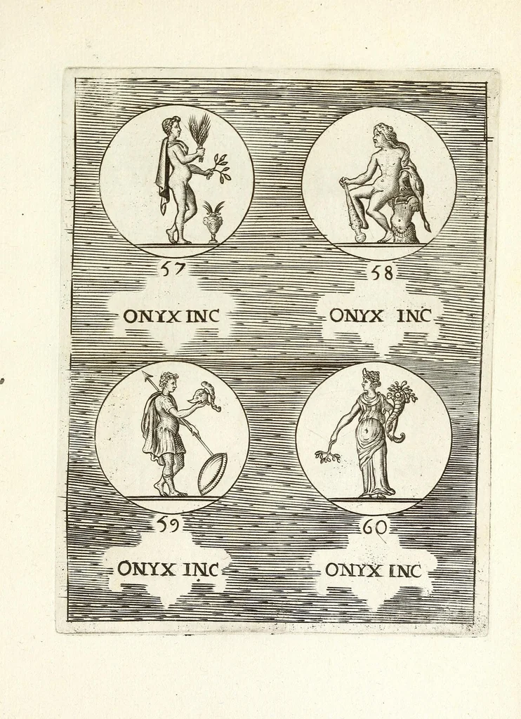 An illustration from Abrahami Gorlaei Antverpiani Dactyliotheca, seu, Annulorum sigillarium quorum apud priscos tam Graecos quam Romanos usus e ferro, aere, argento & auro promptvarivm : accesserunt variarum gemmarvm quibus antiquitas in sigillando uti solita scalptvrae, 1601, leaf 281