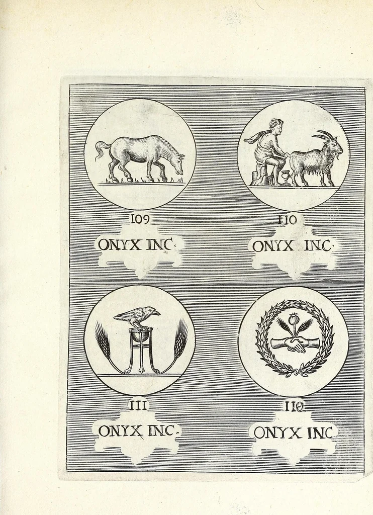 An illustration from Abrahami Gorlaei Antverpiani Dactyliotheca, seu, Annulorum sigillarium quorum apud priscos tam Graecos quam Romanos usus e ferro, aere, argento & auro promptvarivm : accesserunt variarum gemmarvm quibus antiquitas in sigillando uti solita scalptvrae, 1601, leaf 307
