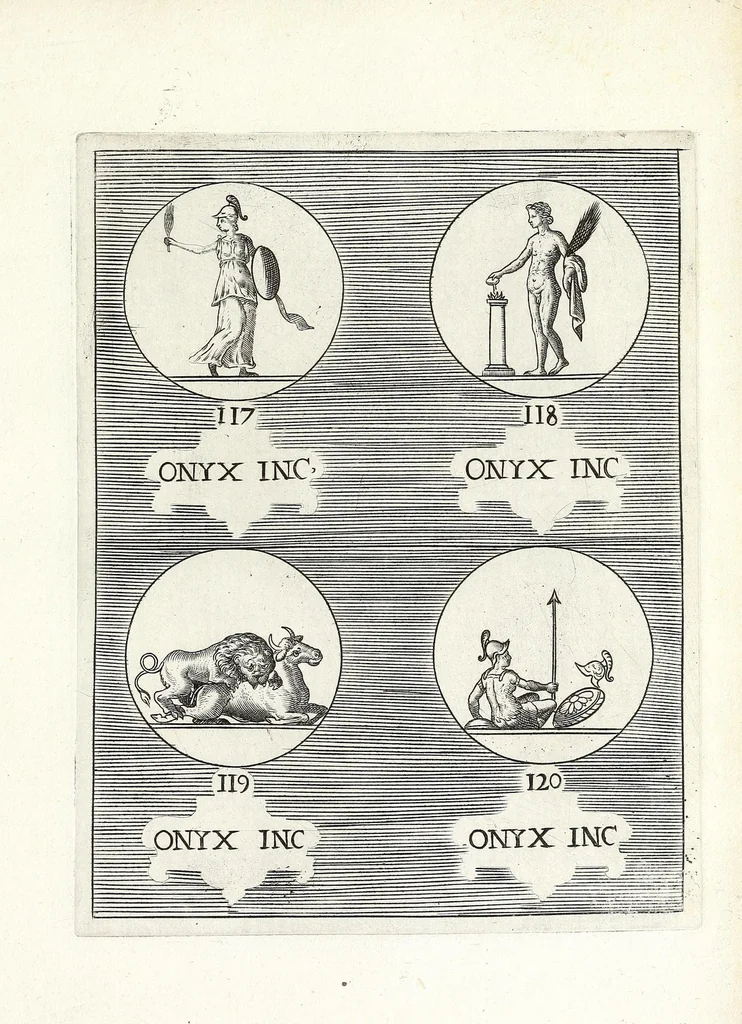 An illustration from Abrahami Gorlaei Antverpiani Dactyliotheca, seu, Annulorum sigillarium quorum apud priscos tam Graecos quam Romanos usus e ferro, aere, argento & auro promptvarivm : accesserunt variarum gemmarvm quibus antiquitas in sigillando uti solita scalptvrae, 1601, leaf 311