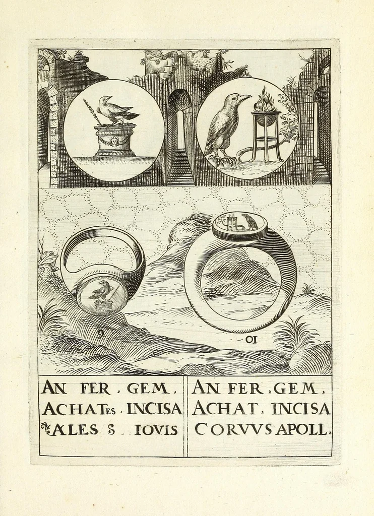 An illustration from Abrahami Gorlaei Antverpiani Dactyliotheca, seu, Annulorum sigillarium quorum apud priscos tam Graecos quam Romanos usus e ferro, aere, argento & auro promptvarivm : accesserunt variarum gemmarvm quibus antiquitas in sigillando uti solita scalptvrae, 1601, leaf 57