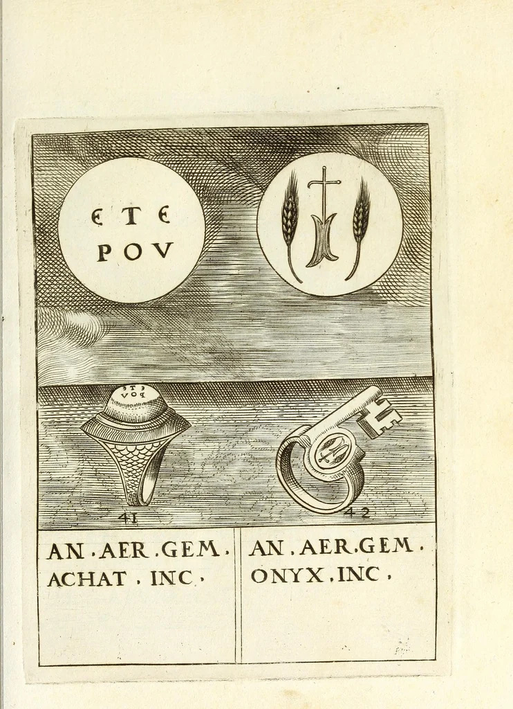 An illustration from Abrahami Gorlaei Antverpiani Dactyliotheca, seu, Annulorum sigillarium quorum apud priscos tam Graecos quam Romanos usus e ferro, aere, argento & auro promptvarivm : accesserunt variarum gemmarvm quibus antiquitas in sigillando uti solita scalptvrae, 1601, leaf 89