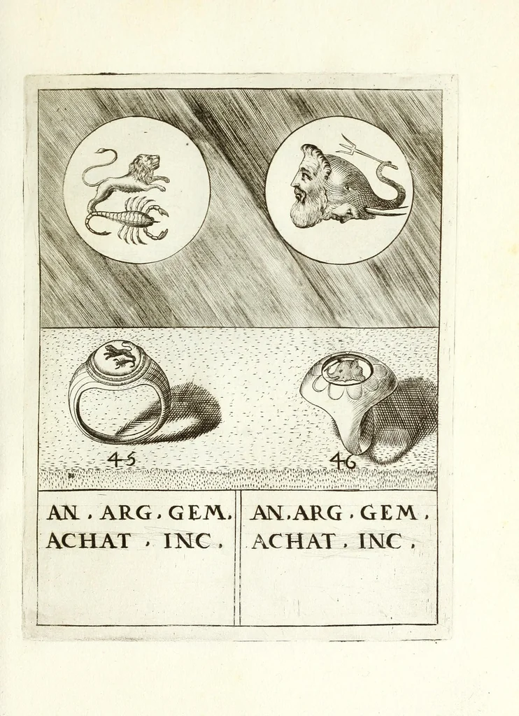 An illustration from Abrahami Gorlaei Antverpiani Dactyliotheca, seu, Annulorum sigillarium quorum apud priscos tam Graecos quam Romanos usus e ferro, aere, argento & auro promptvarivm : accesserunt variarum gemmarvm quibus antiquitas in sigillando uti solita scalptvrae, 1601, leaf 93