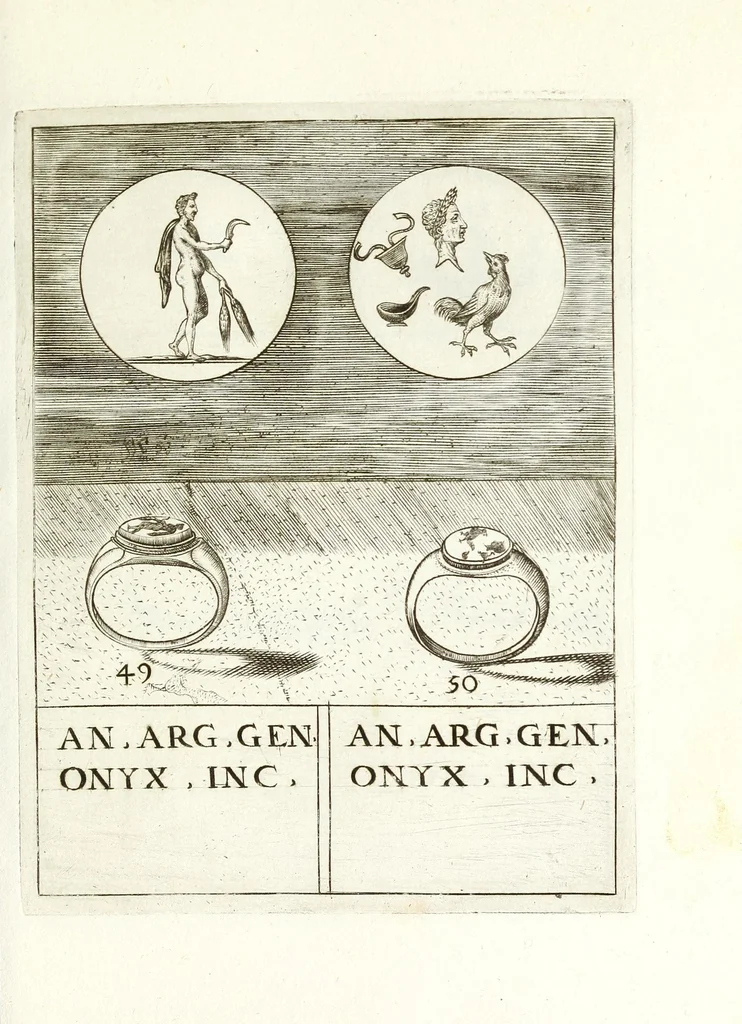 An illustration from Abrahami Gorlaei Antverpiani Dactyliotheca, seu, Annulorum sigillarium quorum apud priscos tam Graecos quam Romanos usus e ferro, aere, argento & auro promptvarivm : accesserunt variarum gemmarvm quibus antiquitas in sigillando uti solita scalptvrae, 1601, leaf 97