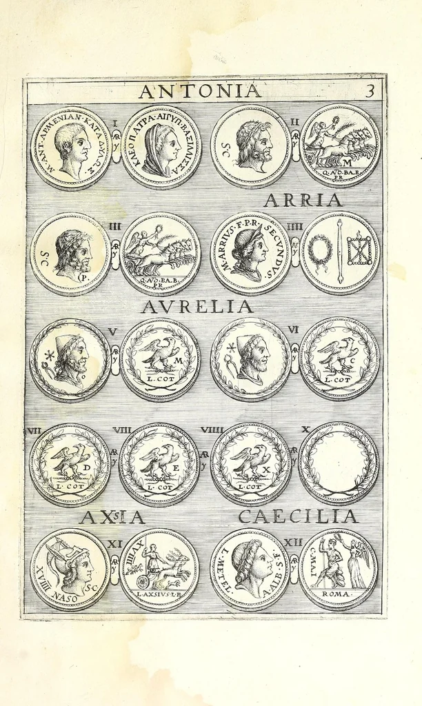An illustration from Abrahami Gorlaei Antverpiani thesaurus numismatum Romanorum aureorum, argenteorum, aereorum ad familias eius urbis spectantium usque ad obitum Augusti : accessere eiusdem paralipomena seu typi numorum Romanorum quos a Fulvio Ursino partim non editos omnino partim non ita editos idem possidet, 1609, leaf 115