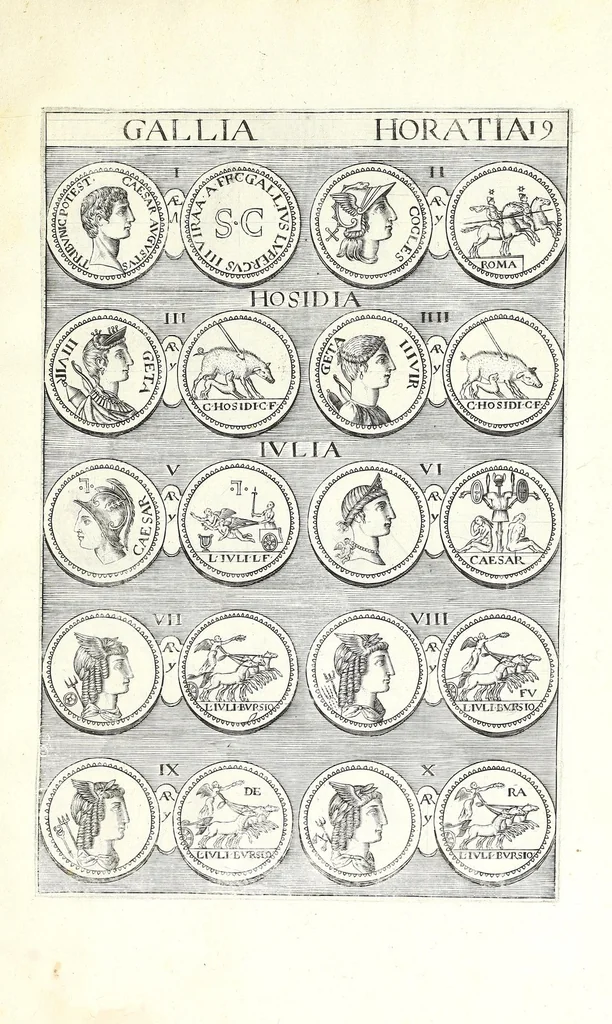 An illustration from Abrahami Gorlaei Antverpiani thesaurus numismatum Romanorum aureorum, argenteorum, aereorum ad familias eius urbis spectantium usque ad obitum Augusti : accessere eiusdem paralipomena seu typi numorum Romanorum quos a Fulvio Ursino partim non editos omnino partim non ita editos idem possidet, 1609, leaf 147