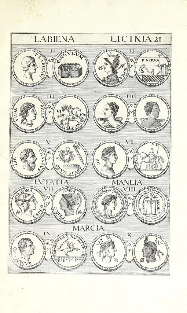 An illustration from Abrahami Gorlaei Antverpiani thesaurus numismatum Romanorum aureorum, argenteorum, aereorum ad familias eius urbis spectantium usque ad obitum Augusti : accessere eiusdem paralipomena seu typi numorum Romanorum quos a Fulvio Ursino partim non editos omnino partim non ita editos idem possidet, 1609, leaf 151