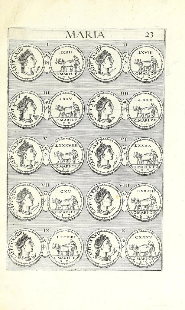 An illustration from Abrahami Gorlaei Antverpiani thesaurus numismatum Romanorum aureorum, argenteorum, aereorum ad familias eius urbis spectantium usque ad obitum Augusti : accessere eiusdem paralipomena seu typi numorum Romanorum quos a Fulvio Ursino partim non editos omnino partim non ita editos idem possidet, 1609, leaf 155