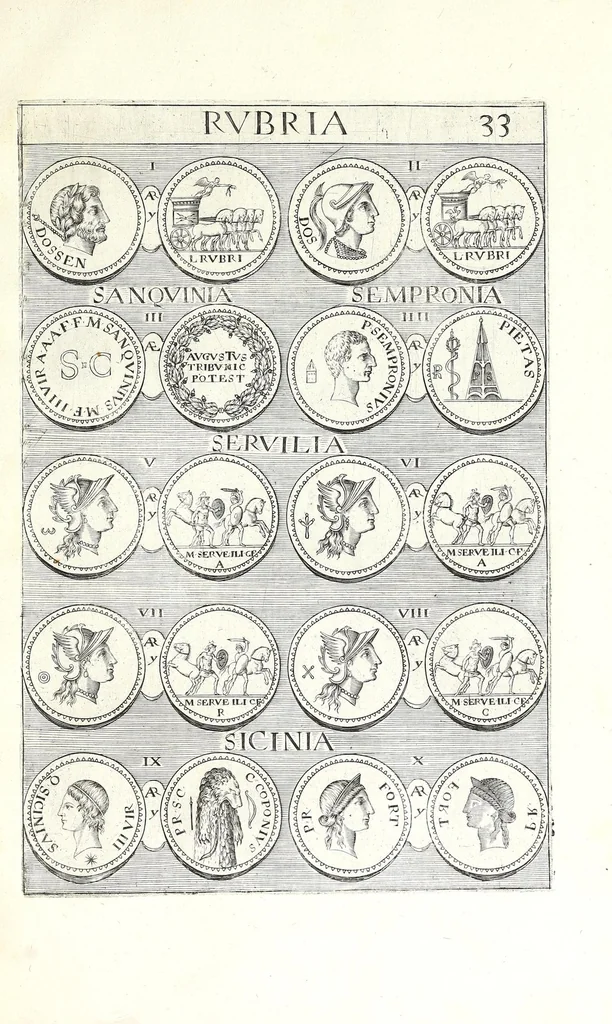 An illustration from Abrahami Gorlaei Antverpiani thesaurus numismatum Romanorum aureorum, argenteorum, aereorum ad familias eius urbis spectantium usque ad obitum Augusti : accessere eiusdem paralipomena seu typi numorum Romanorum quos a Fulvio Ursino partim non editos omnino partim non ita editos idem possidet, 1609, leaf 175