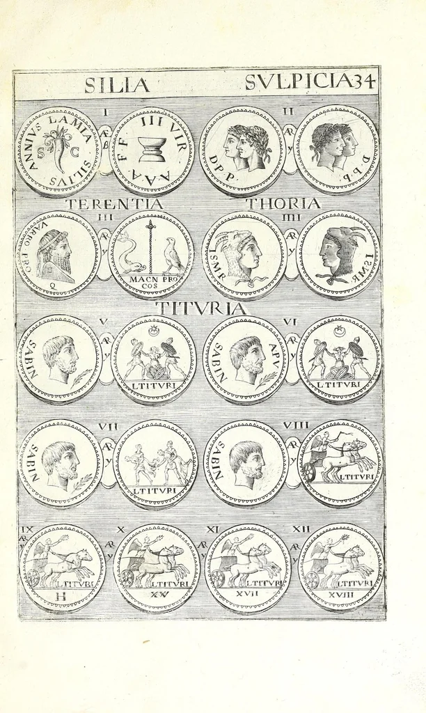 An illustration from Abrahami Gorlaei Antverpiani thesaurus numismatum Romanorum aureorum, argenteorum, aereorum ad familias eius urbis spectantium usque ad obitum Augusti : accessere eiusdem paralipomena seu typi numorum Romanorum quos a Fulvio Ursino partim non editos omnino partim non ita editos idem possidet, 1609, leaf 177