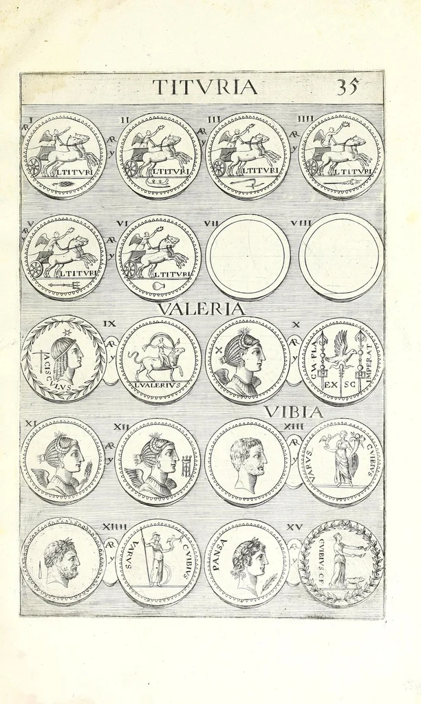 An illustration from Abrahami Gorlaei Antverpiani thesaurus numismatum Romanorum aureorum, argenteorum, aereorum ad familias eius urbis spectantium usque ad obitum Augusti : accessere eiusdem paralipomena seu typi numorum Romanorum quos a Fulvio Ursino partim non editos omnino partim non ita editos idem possidet, 1609, leaf 179