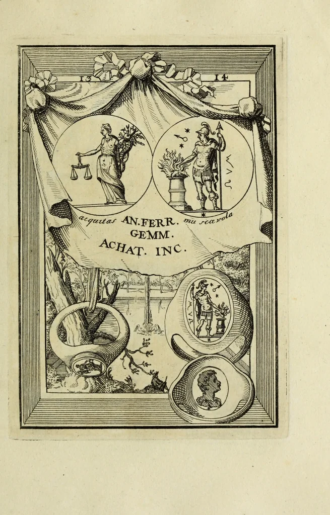 An illustration from Abrahami Gorlaei antverpiani Dactyliothecae, seu, Annulorum sigillarium quorum apud priscos tam Graecos quam Romanos usus, ex ferro, aere, argento & auro promptuarii pars prima[-secunda] : collectis aliunde & ineditis & editis annulorum figuris auctior, 1695, leaf 100