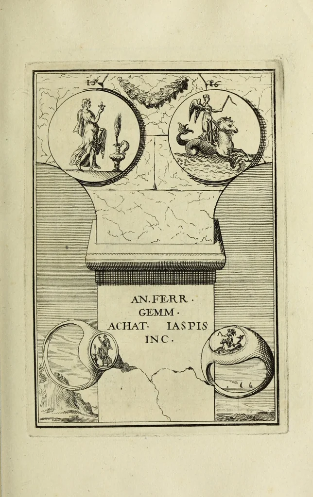 An illustration from Abrahami Gorlaei antverpiani Dactyliothecae, seu, Annulorum sigillarium quorum apud priscos tam Graecos quam Romanos usus, ex ferro, aere, argento & auro promptuarii pars prima[-secunda] : collectis aliunde & ineditis & editis annulorum figuris auctior, 1695, leaf 102