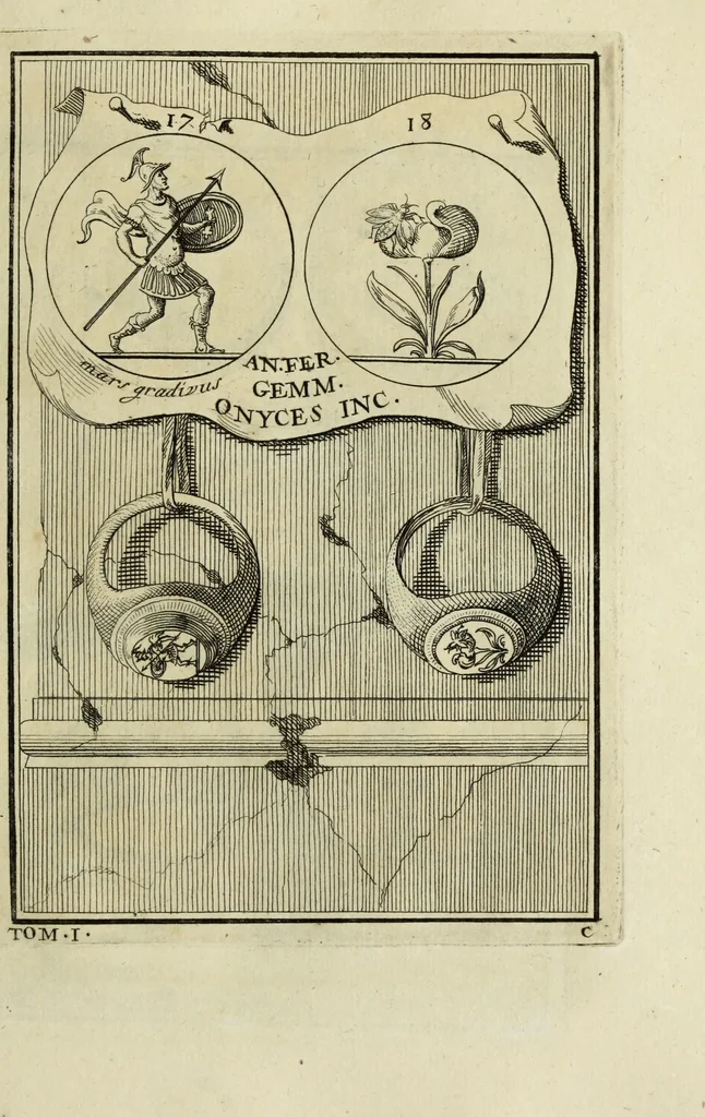 An illustration from Abrahami Gorlaei antverpiani Dactyliothecae, seu, Annulorum sigillarium quorum apud priscos tam Graecos quam Romanos usus, ex ferro, aere, argento & auro promptuarii pars prima[-secunda] : collectis aliunde & ineditis & editis annulorum figuris auctior, 1695, leaf 104