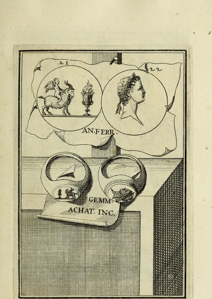 An illustration from Abrahami Gorlaei antverpiani Dactyliothecae, seu, Annulorum sigillarium quorum apud priscos tam Graecos quam Romanos usus, ex ferro, aere, argento & auro promptuarii pars prima[-secunda] : collectis aliunde & ineditis & editis annulorum figuris auctior, 1695, leaf 108
