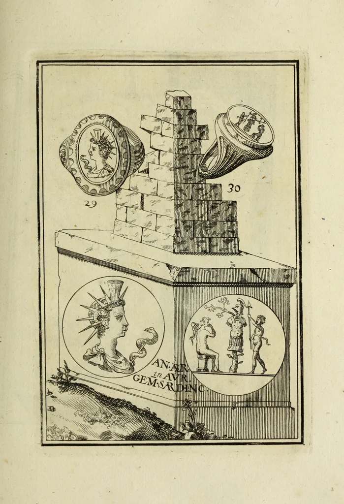 An illustration from Abrahami Gorlaei antverpiani Dactyliothecae, seu, Annulorum sigillarium quorum apud priscos tam Graecos quam Romanos usus, ex ferro, aere, argento & auro promptuarii pars prima[-secunda] : collectis aliunde & ineditis & editis annulorum figuris auctior, 1695, leaf 116