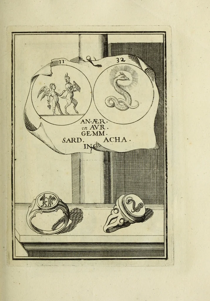 An illustration from Abrahami Gorlaei antverpiani Dactyliothecae, seu, Annulorum sigillarium quorum apud priscos tam Graecos quam Romanos usus, ex ferro, aere, argento & auro promptuarii pars prima[-secunda] : collectis aliunde & ineditis & editis annulorum figuris auctior, 1695, leaf 118