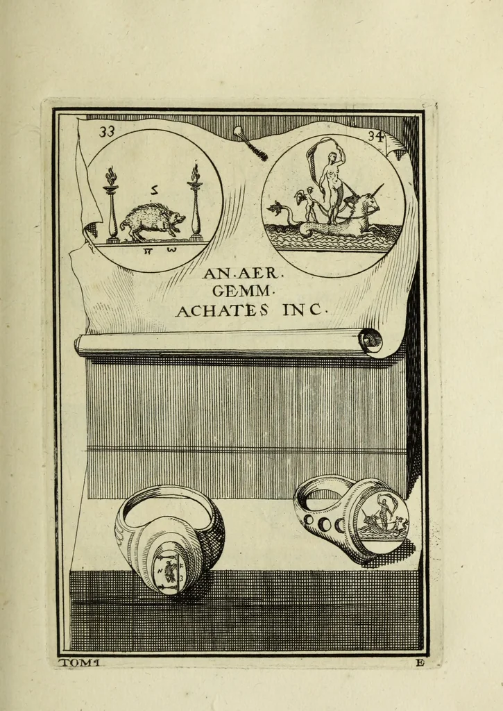 An illustration from Abrahami Gorlaei antverpiani Dactyliothecae, seu, Annulorum sigillarium quorum apud priscos tam Graecos quam Romanos usus, ex ferro, aere, argento & auro promptuarii pars prima[-secunda] : collectis aliunde & ineditis & editis annulorum figuris auctior, 1695, leaf 120