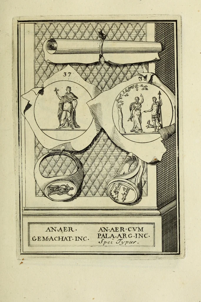 An illustration from Abrahami Gorlaei antverpiani Dactyliothecae, seu, Annulorum sigillarium quorum apud priscos tam Graecos quam Romanos usus, ex ferro, aere, argento & auro promptuarii pars prima[-secunda] : collectis aliunde & ineditis & editis annulorum figuris auctior, 1695, leaf 124