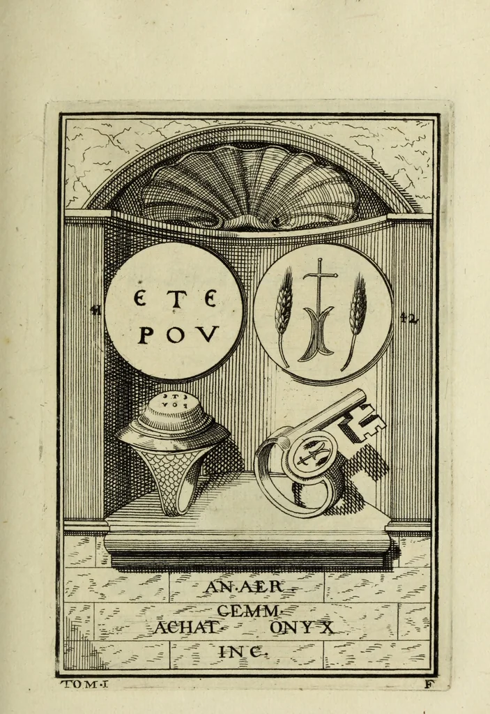 An illustration from Abrahami Gorlaei antverpiani Dactyliothecae, seu, Annulorum sigillarium quorum apud priscos tam Graecos quam Romanos usus, ex ferro, aere, argento & auro promptuarii pars prima[-secunda] : collectis aliunde & ineditis & editis annulorum figuris auctior, 1695, leaf 128