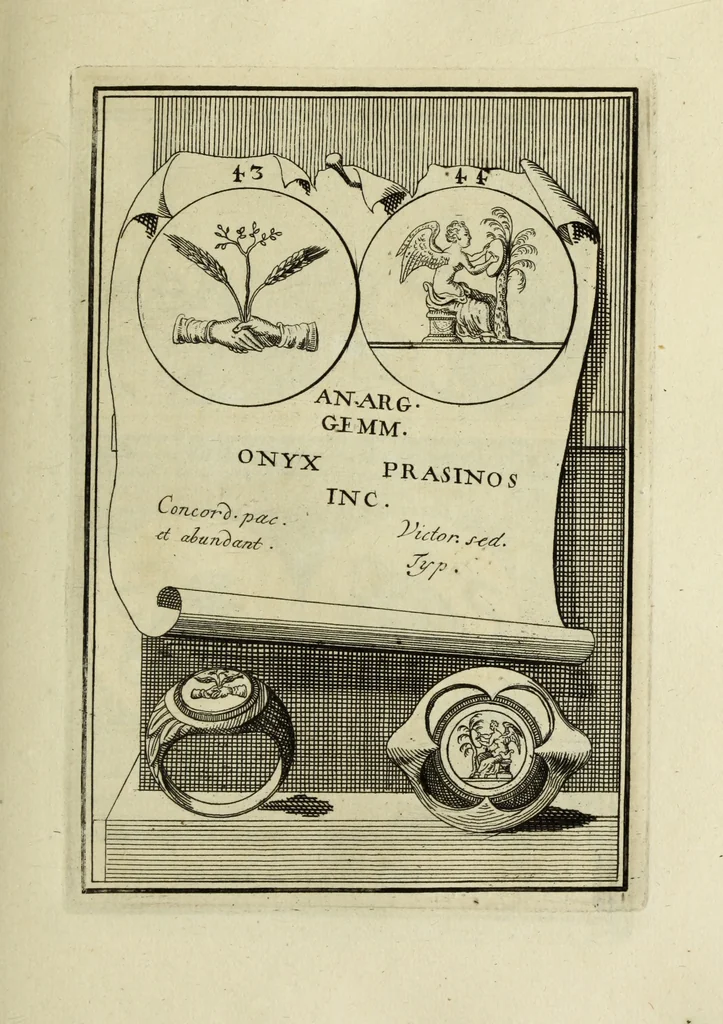 An illustration from Abrahami Gorlaei antverpiani Dactyliothecae, seu, Annulorum sigillarium quorum apud priscos tam Graecos quam Romanos usus, ex ferro, aere, argento & auro promptuarii pars prima[-secunda] : collectis aliunde & ineditis & editis annulorum figuris auctior, 1695, leaf 130
