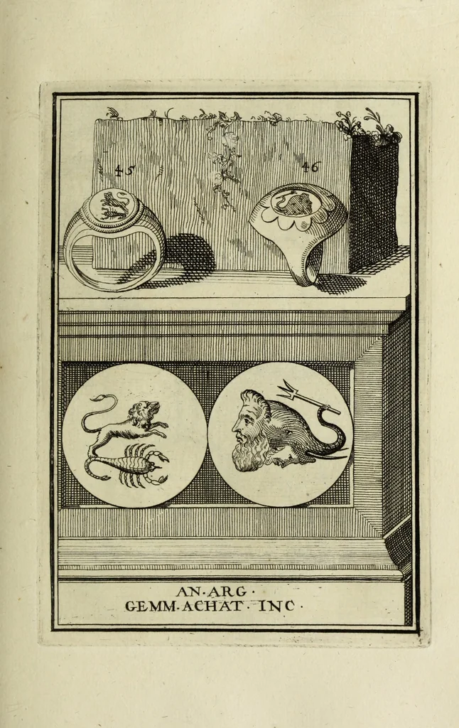 An illustration from Abrahami Gorlaei antverpiani Dactyliothecae, seu, Annulorum sigillarium quorum apud priscos tam Graecos quam Romanos usus, ex ferro, aere, argento & auro promptuarii pars prima[-secunda] : collectis aliunde & ineditis & editis annulorum figuris auctior, 1695, leaf 132