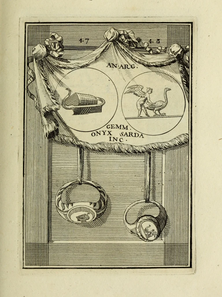 An illustration from Abrahami Gorlaei antverpiani Dactyliothecae, seu, Annulorum sigillarium quorum apud priscos tam Graecos quam Romanos usus, ex ferro, aere, argento & auro promptuarii pars prima[-secunda] : collectis aliunde & ineditis & editis annulorum figuris auctior, 1695, leaf 134
