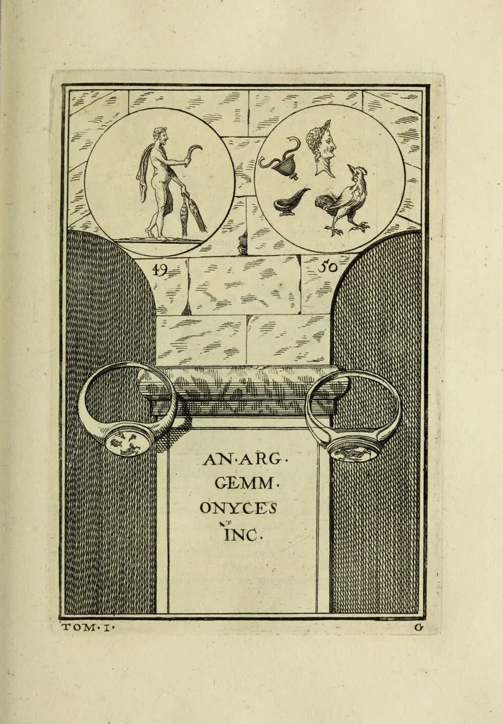 An illustration from Abrahami Gorlaei antverpiani Dactyliothecae, seu, Annulorum sigillarium quorum apud priscos tam Graecos quam Romanos usus, ex ferro, aere, argento & auro promptuarii pars prima[-secunda] : collectis aliunde & ineditis & editis annulorum figuris auctior, 1695, leaf 136