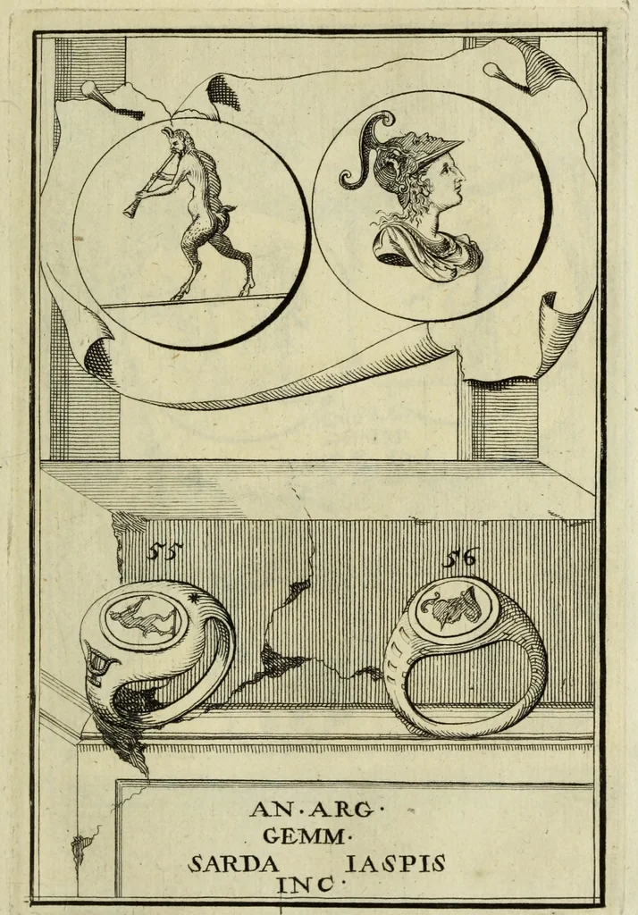 An illustration from Abrahami Gorlaei antverpiani Dactyliothecae, seu, Annulorum sigillarium quorum apud priscos tam Graecos quam Romanos usus, ex ferro, aere, argento & auro promptuarii pars prima[-secunda] : collectis aliunde & ineditis & editis annulorum figuris auctior, 1695, leaf 142
