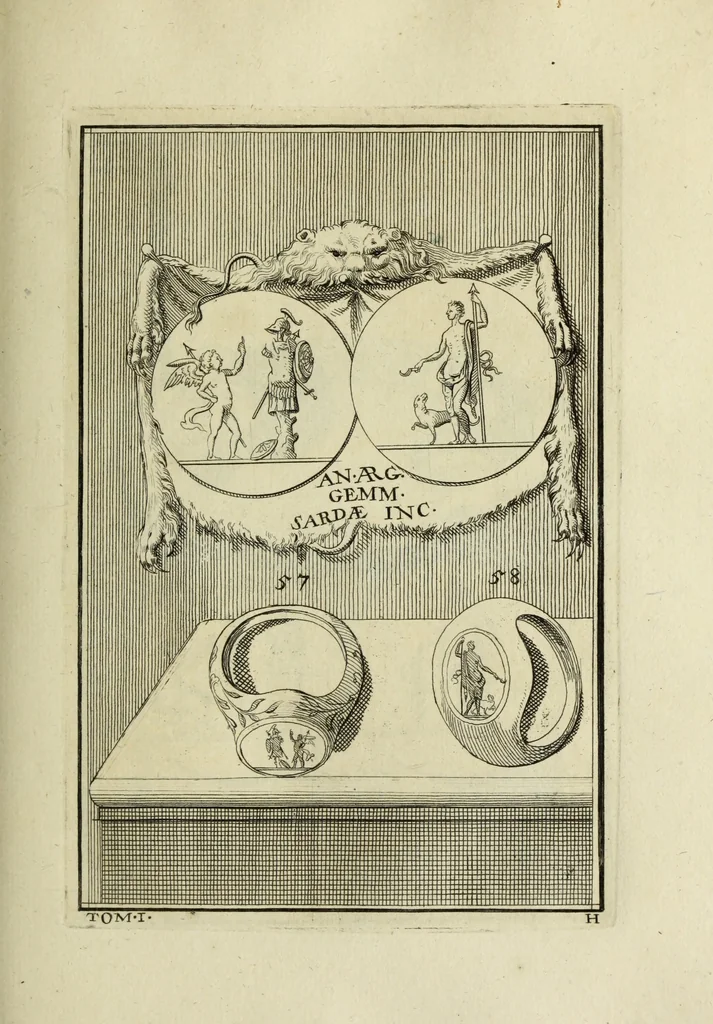 An illustration from Abrahami Gorlaei antverpiani Dactyliothecae, seu, Annulorum sigillarium quorum apud priscos tam Graecos quam Romanos usus, ex ferro, aere, argento & auro promptuarii pars prima[-secunda] : collectis aliunde & ineditis & editis annulorum figuris auctior, 1695, leaf 144