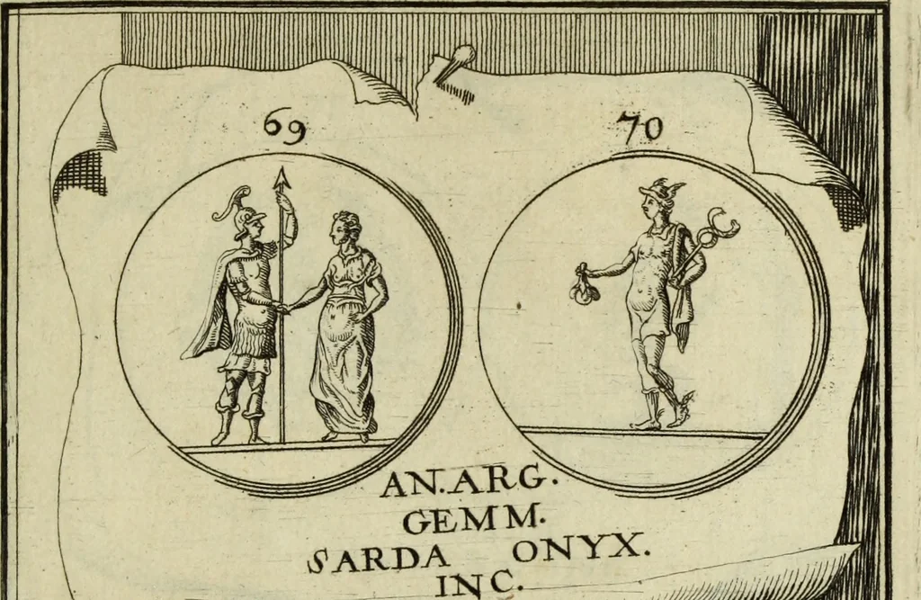 An illustration from Abrahami Gorlaei antverpiani Dactyliothecae, seu, Annulorum sigillarium quorum apud priscos tam Graecos quam Romanos usus, ex ferro, aere, argento & auro promptuarii pars prima[-secunda] : collectis aliunde & ineditis & editis annulorum figuris auctior, 1695, leaf 156
