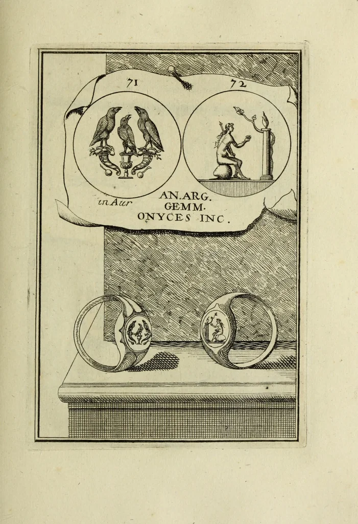 An illustration from Abrahami Gorlaei antverpiani Dactyliothecae, seu, Annulorum sigillarium quorum apud priscos tam Graecos quam Romanos usus, ex ferro, aere, argento & auro promptuarii pars prima[-secunda] : collectis aliunde & ineditis & editis annulorum figuris auctior, 1695, leaf 158