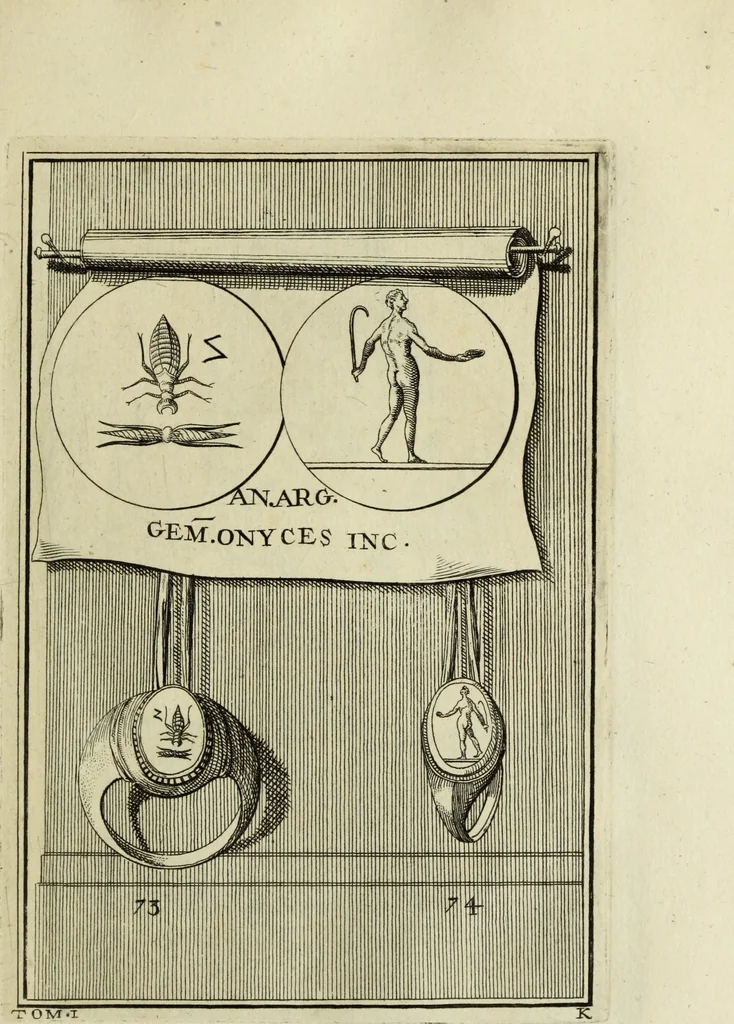 An illustration from Abrahami Gorlaei antverpiani Dactyliothecae, seu, Annulorum sigillarium quorum apud priscos tam Graecos quam Romanos usus, ex ferro, aere, argento & auro promptuarii pars prima[-secunda] : collectis aliunde & ineditis & editis annulorum figuris auctior, 1695, leaf 160