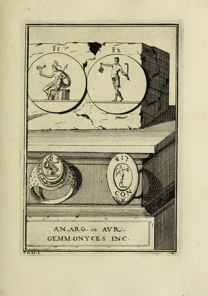 An illustration from Abrahami Gorlaei antverpiani Dactyliothecae, seu, Annulorum sigillarium quorum apud priscos tam Graecos quam Romanos usus, ex ferro, aere, argento & auro promptuarii pars prima[-secunda] : collectis aliunde & ineditis & editis annulorum figuris auctior, 1695, leaf 168