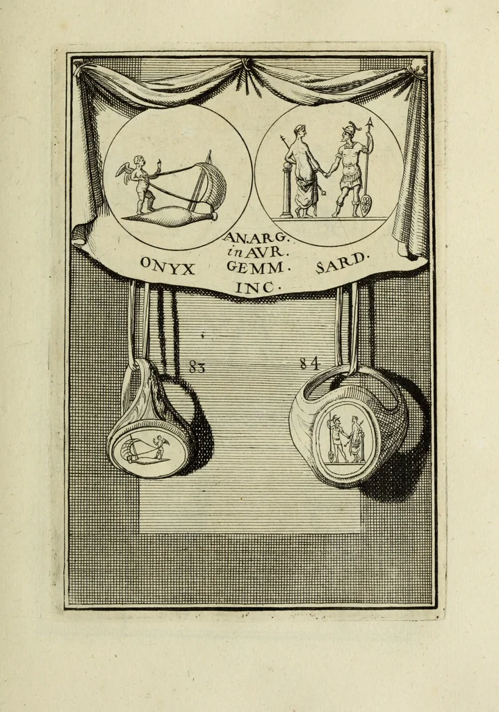 An illustration from Abrahami Gorlaei antverpiani Dactyliothecae, seu, Annulorum sigillarium quorum apud priscos tam Graecos quam Romanos usus, ex ferro, aere, argento & auro promptuarii pars prima[-secunda] : collectis aliunde & ineditis & editis annulorum figuris auctior, 1695, leaf 170